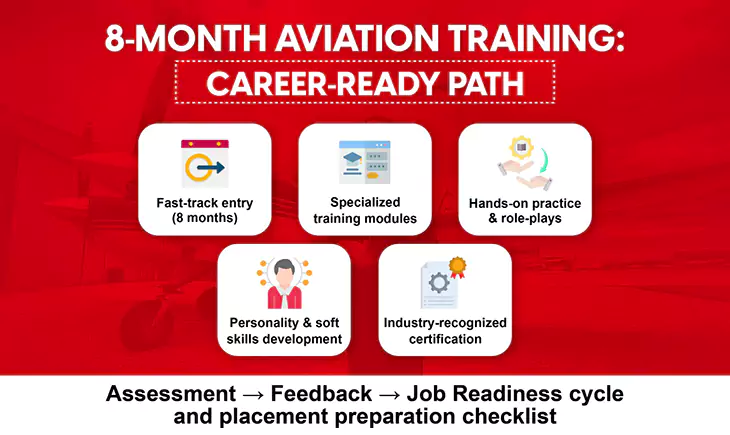 Infographic showing the 8-month aviation training career-ready path with fast-track entry, specialized modules, hands-on practice, soft skills development, and industry-recognized certification.