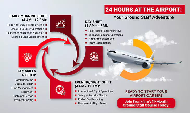 Frankfinn infographic showing 24 hours at the airport - ground staff duties across morning, day, and night shifts with key skills like communication, teamwork, and customer service.