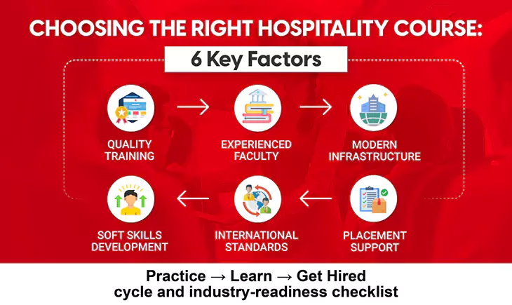 Infographic showing 6 key factors for choosing the right hospitality course, including quality training, experienced faculty, modern infrastructure, soft skills development, international standards, and placement support.