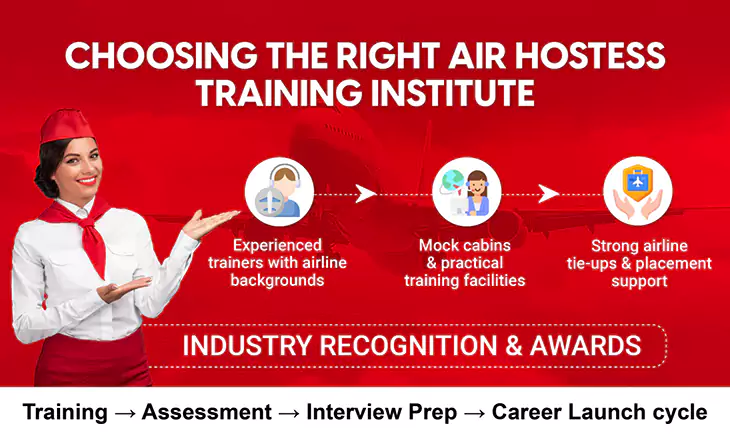 Air hostess training institute infographic showing expert trainers, practical mock cabin training, and strong airline tie-ups