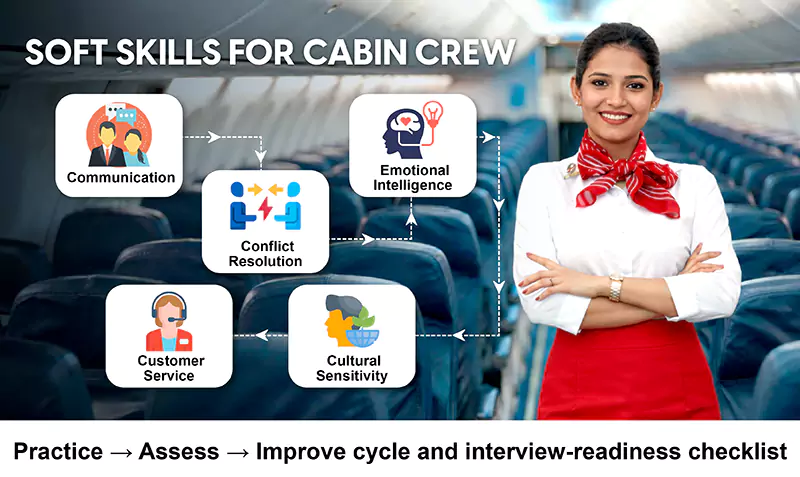 Soft skills for cabin crew infographic showing communication, emotional intelligence, conflict resolution, customer service and cultural sensitivity with a practice, assess and improve cycle.