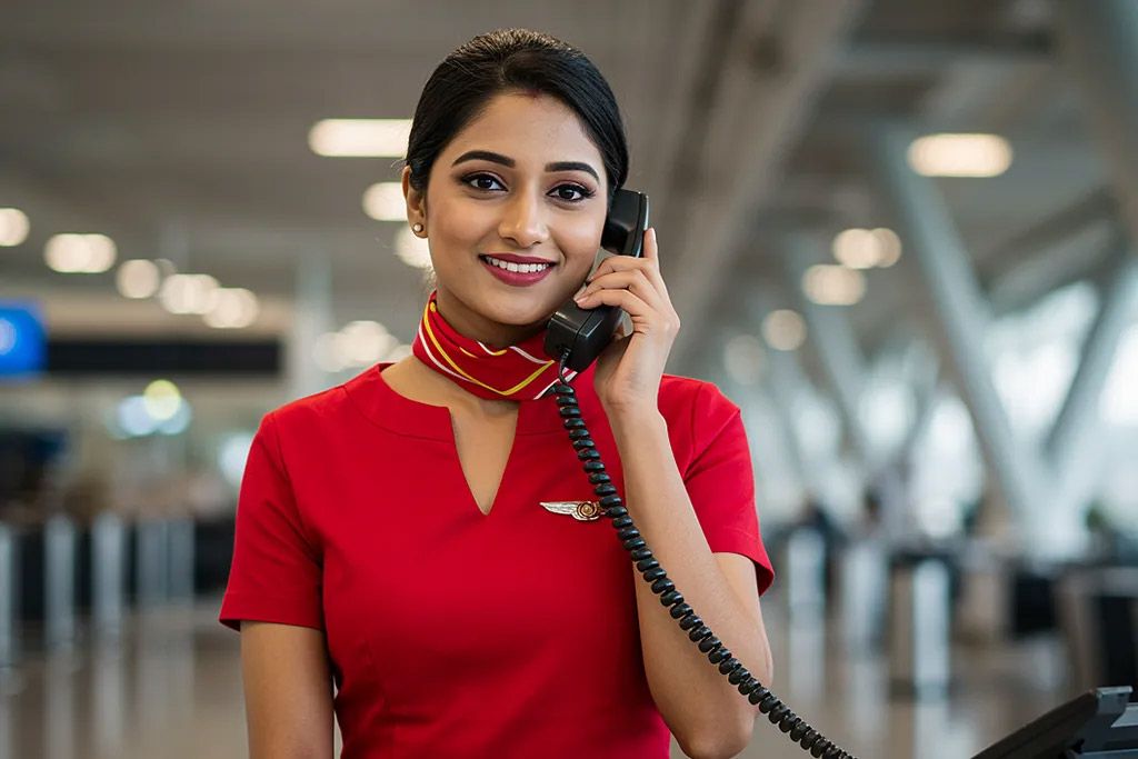 Frankfinn aviation training student in red uniform talking on phone at airport, showing communication and hospitality skills.