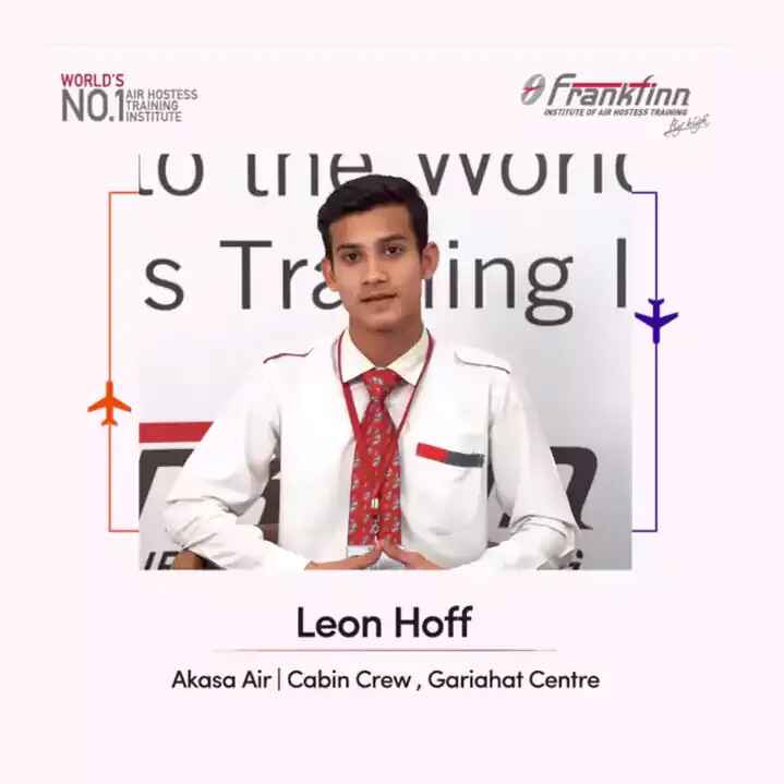 Frankfinn aviation training student from Gariahat centre wearing white shirt and red tie, now working as cabin crew at Akasa Air.
