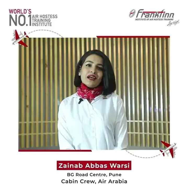 Frankfinn aviation training student from Pune centre wearing white shirt and red scarf, now working as cabin crew at Air Arabia.