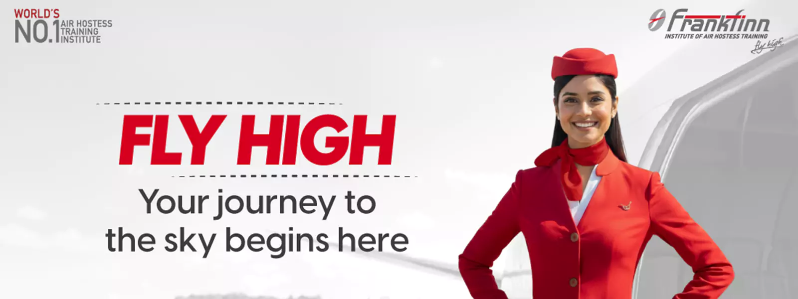 Student dressed as air hostess standing near airplane showing namaste gesture after placement