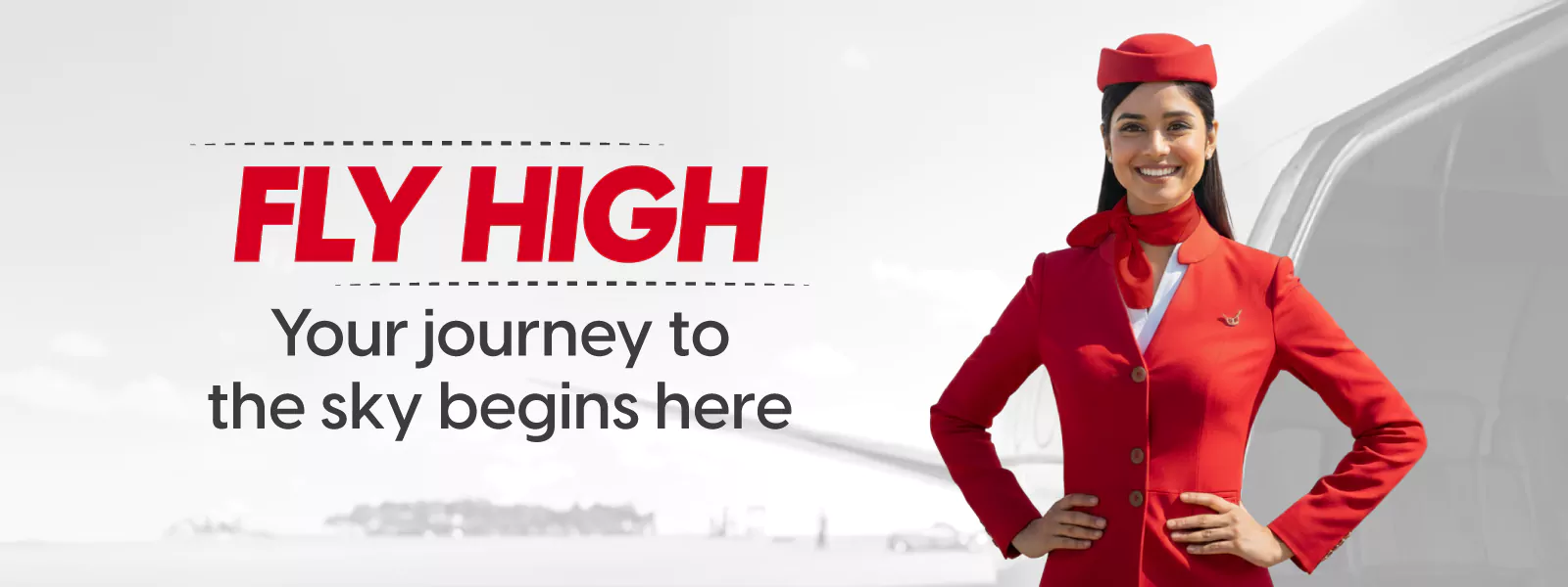 Student dressed as air hostess standing near airplane showing namaste gesture after placement